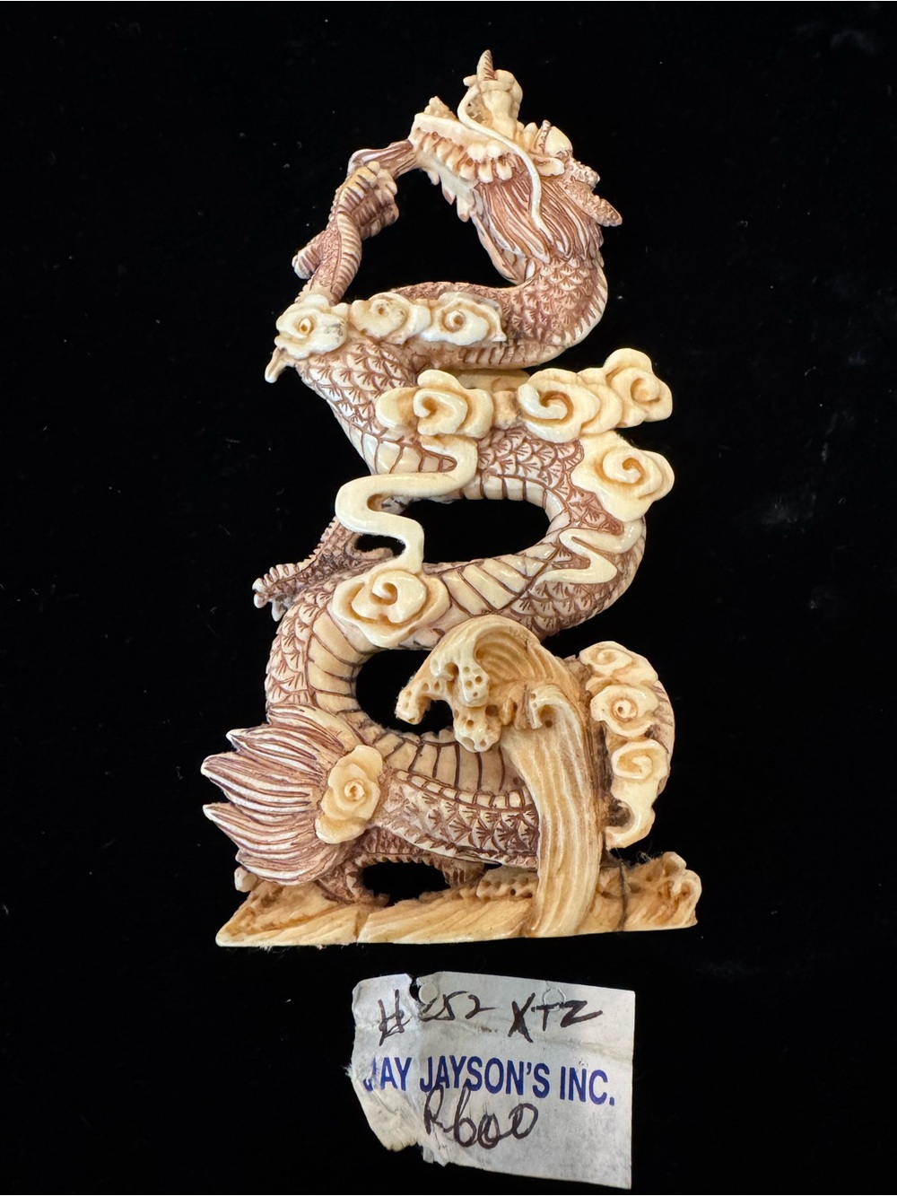 Intricate Vintage Hand-Carved Faux Ivory (Bone?) Dragon Okimono